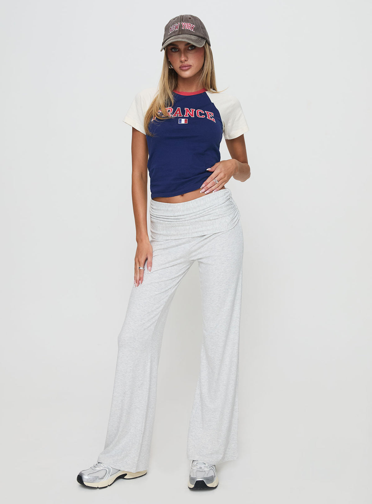 front view of model wearing Princess Polly France Fantasy Top Navy Short Sleeves Crew Neck 
