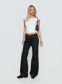 side view of model wearing Princess Polly Slow Ride Mid Rise Bootleg Belted Jeans Grunge Wash Mid Rise Jeans Jeans 
