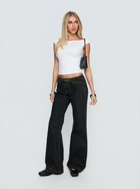 side view of model wearing Princess Polly Slow Ride Mid Rise Bootleg Belted Jeans Grunge Wash Mid Rise Jeans Jeans 