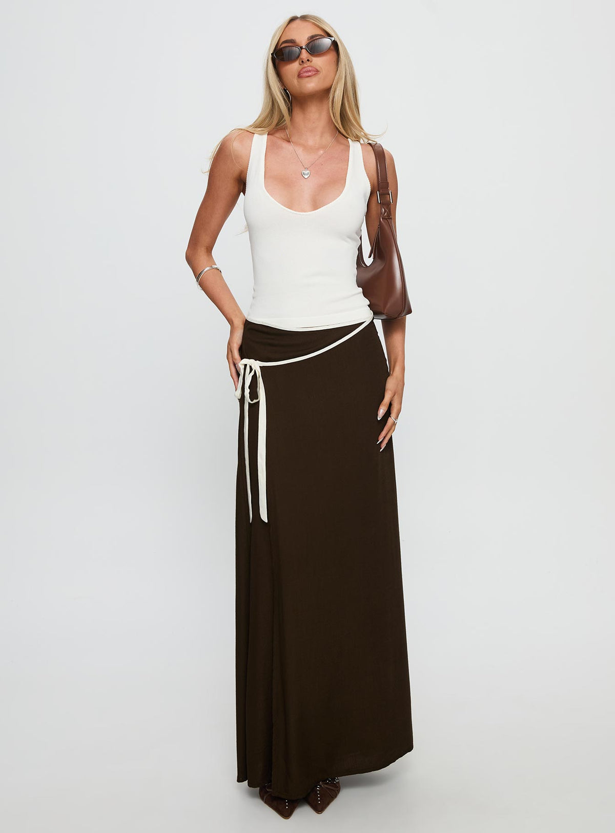   front view of model wearing Princess Polly Keirah Contrast Wrap Maxi Skirt Chocolate / White Maxi Skirts Skirts 