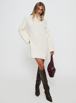 front view of model wearing Princess Polly Tarin Knit Mini Dress Cream High Neck 