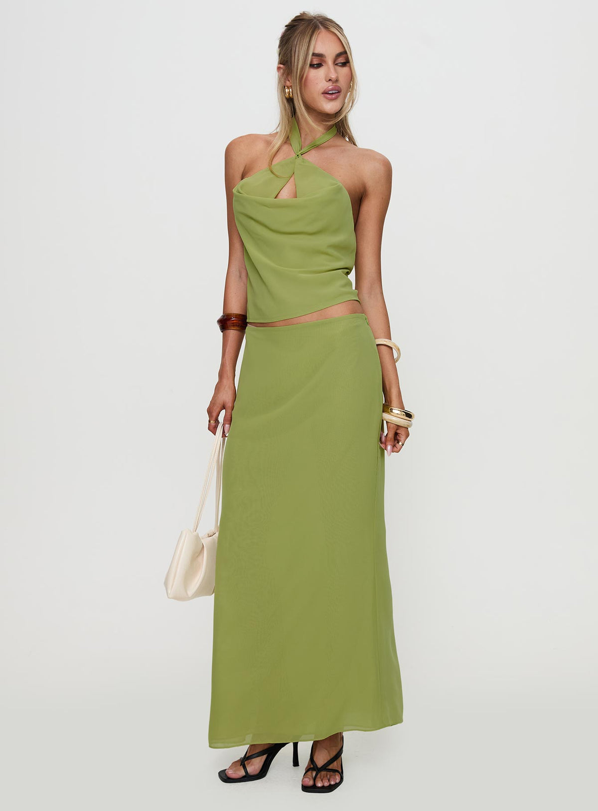 front view of model wearing Princess Polly Eleganza Top Green Sleeveless Cowl 