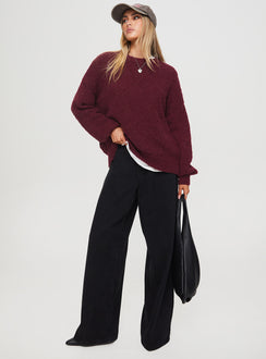 front view of model wearing Princess Polly Niomie Knit Sweater Burgundy Longline Jumpers Jumpers 