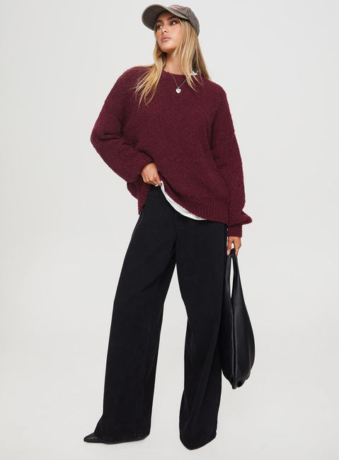 front view of model wearing Princess Polly Niomie Knit Sweater Burgundy Longline Jumpers Jumpers 