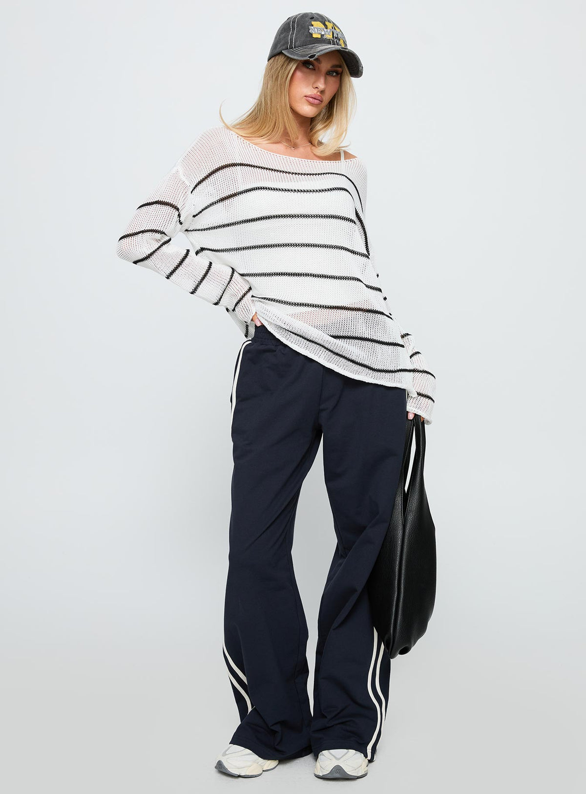 side view of model wearing Princess Polly Alperton Knit Sweater Cream Stripe Longline Jumpers Jumpers 
