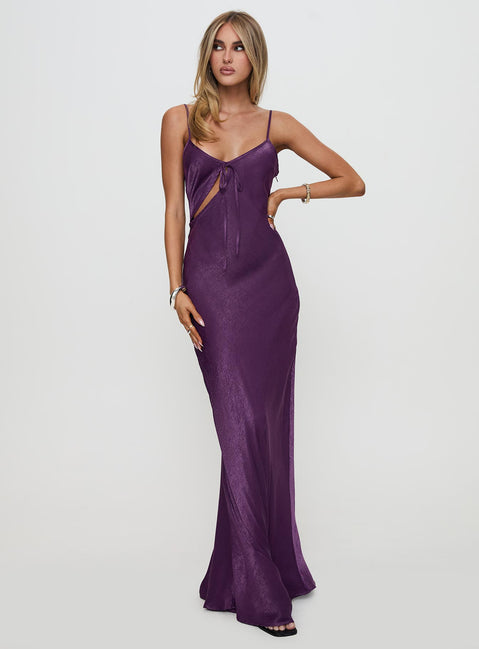 front view of model wearing Princess Polly Linger Bias Cut Maxi Dress Purple V-Neck 
