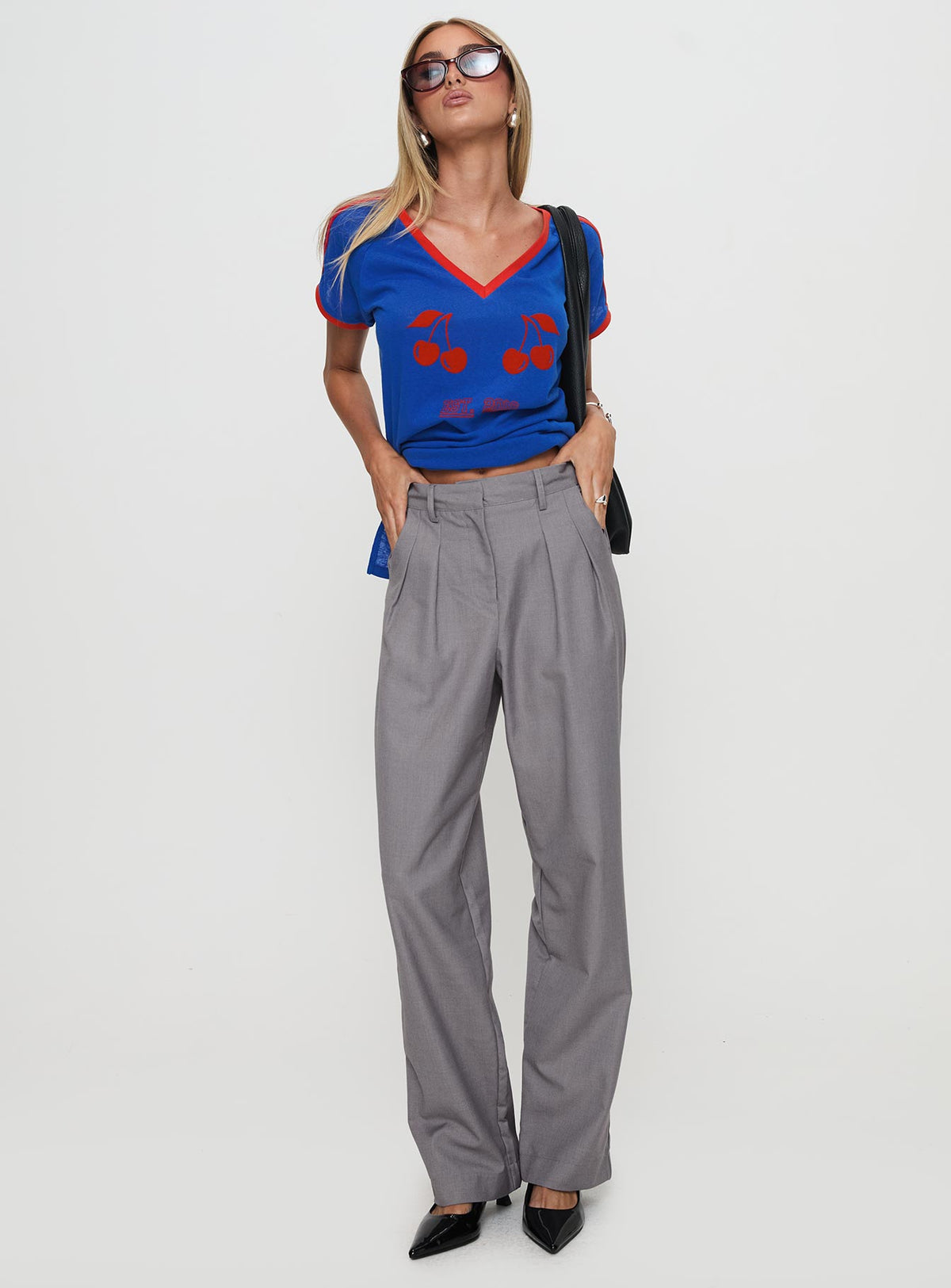front view of model wearing Princess Polly Expertise Low Rise Pleat Pant Grey High Rise Pants Pants 