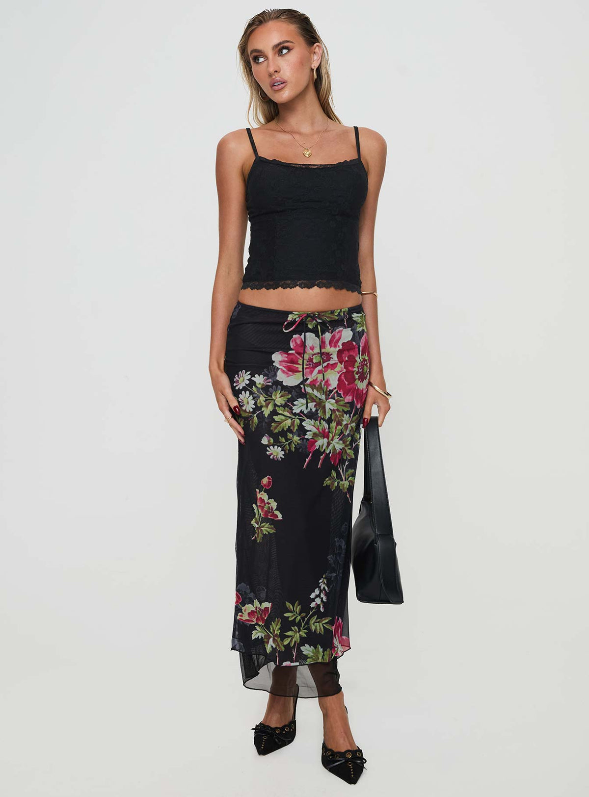   front view of model wearing Princess Polly Paganio Maxi Skirt Black Floral Maxi Skirts Skirts 