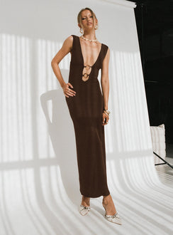 front view of model wearing Princess Polly Steward Maxi Dress Chocolate Petite Plunger 