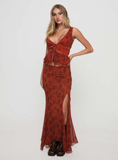   front view of model wearing Princess Polly Nikolise Maxi Skirt Red Maxi Skirts Skirts 