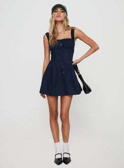 front view of model wearing Princess Polly Wait For You Mini Dress Navy Tall Square Neck 