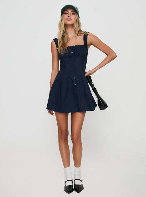 front view of model wearing Princess Polly Wait For You Mini Dress Navy Tall Square Neck 