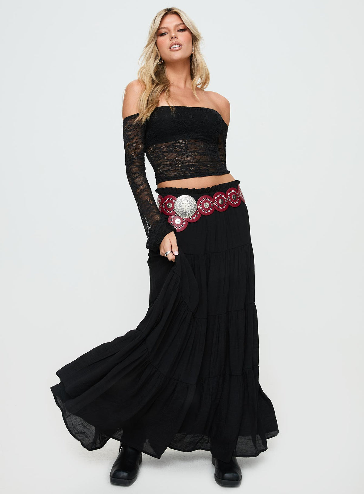   front view of model wearing Princess Polly Mya Maxi Skirt Black Maxi Skirts Skirts 