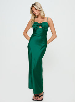 side view of model wearing Princess Polly Blackthorn Maxi Dress Green Sweetheart Neckline 
