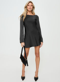 front view of model wearing Princess Polly Lukea Long Sleeve Satin Mini Dress Black 
