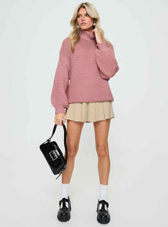 front view of model wearing Princess Polly Hayworth Turtle Neck Sweater Pink Longline Jumpers Jumpers 