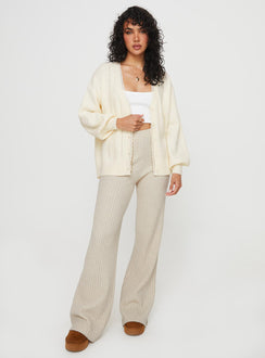 side view of model wearing Princess Polly Oakleigh Cardigan Cream Longline Jumpers Jumpers 