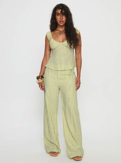 front view of model wearing Princess Polly With Pleasure Tie Side Pant Green / Blue Stripe Mid Rise Pants Pants 