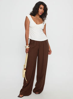 front view of model wearing Princess Polly Vianca Low Rise Linen Pant Chocolate High Rise Pants Pants 