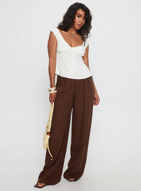 front view of model wearing Princess Polly Vianca Low Rise Linen Pant Chocolate High Rise Pants Pants 