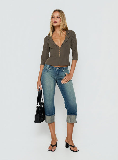 Aaira 3/4 Sleeve Cinched Waist Collared Shirt Taupe