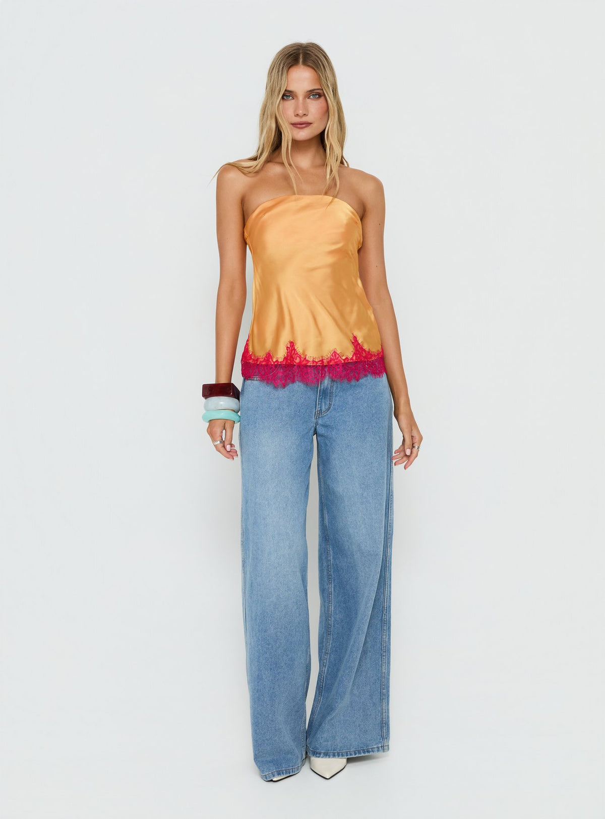 Fiorelle Strapless Lace Trim Satin Top Orange / Pink