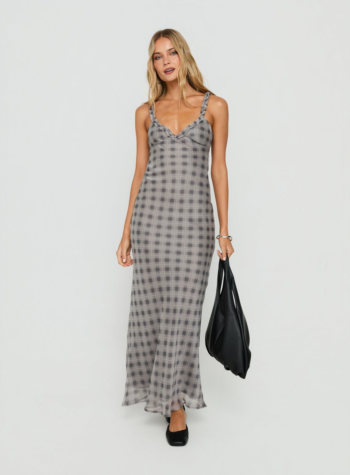 Baley Bias Cut Frill Maxi Dress Grey / White Check