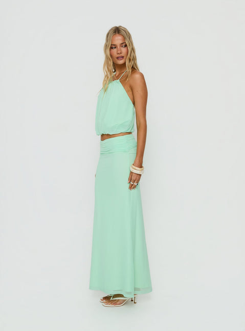 Discover the Wild Dune Ruched Waist Maxi Skirt Green womens-skirts in maxi length side view of model wearing Princess Polly