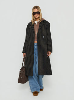 Olimpea Longline Trench Coat Black Pinstripe