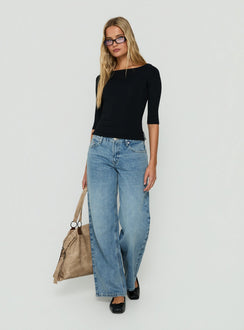 Crafted with Serenitia Mid Rise Relaxed Jeans in Bright Blue womens-jeans featuring mid-rise waist front view of model wearing