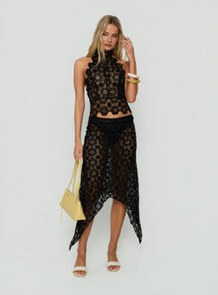 Discover the Trophy Sheer Midi Skirt Black womens-skirts featuring fitted lace and asymmetry Princess Polly