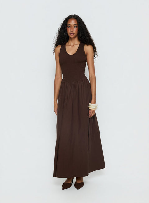 Highgate Drop Waist Pleat Detail Maxi Dress Chocolate