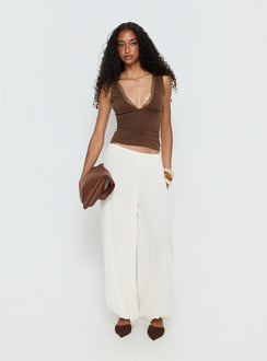 front view of model wearing Princess Polly Moondancer Balloon Pants Cream Mid Rise Pants Pants 