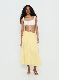   front view of model wearing Princess Polly Vence Ruched Maxi Skirt Lemon Yellow Maxi Skirts Skirts 