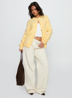front view of model wearing Princess Polly Arica Button Up Knit Cardigan Lemon Longline Jumpers Jumpers 