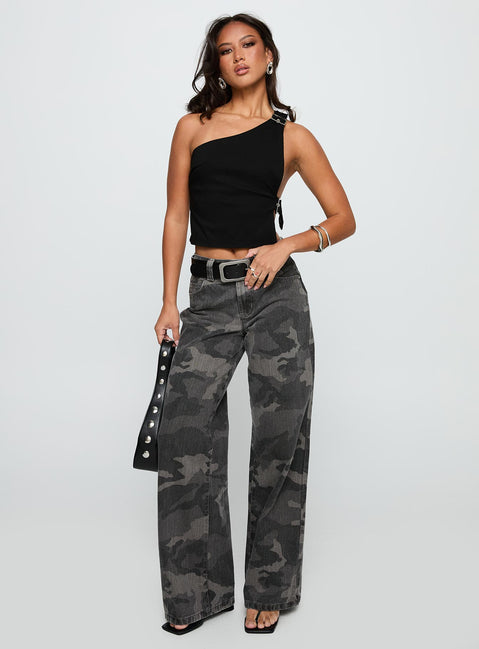 front view of model wearing Princess Polly Buckled Down One Shoulder Top Black Sleeveless Asymmetric Neckline 
