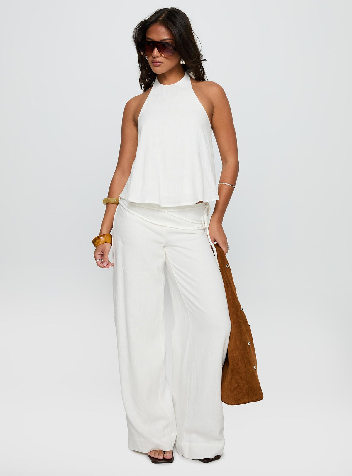 front view of model wearing Princess Polly Silver Moon Linen Blend Tie Pants White High Waisted Pants 
