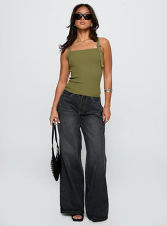 side view of model wearing Princess Polly Bare It All Buckle Detail Top Green Sleeveless Square Neck 