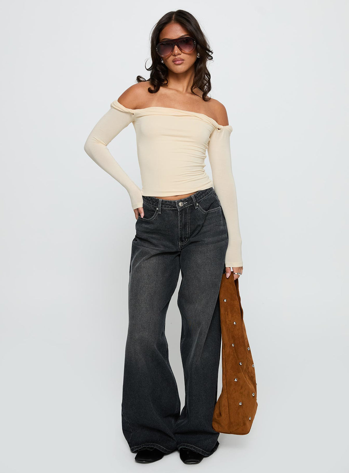 front view of model wearing Princess Polly Dusky Long Sleeve Top Cream Full Sleeves straight 