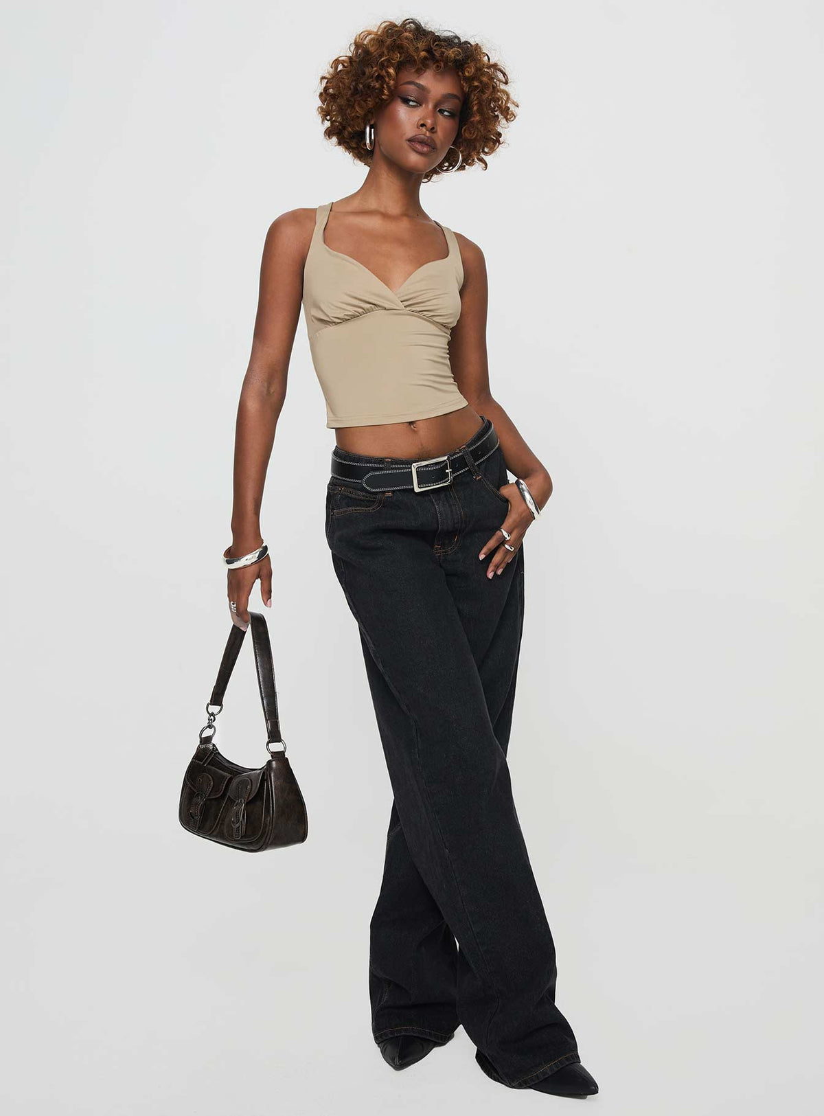 front view of model wearing Princess Polly Wandella Tank Beige Sleeveless Sweetheart 