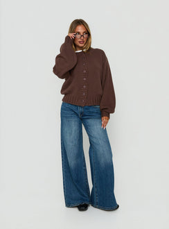 Capture the Edern Cardigan Chocolate womens-jumpers in short length detail view of model wearing Princess Polly
