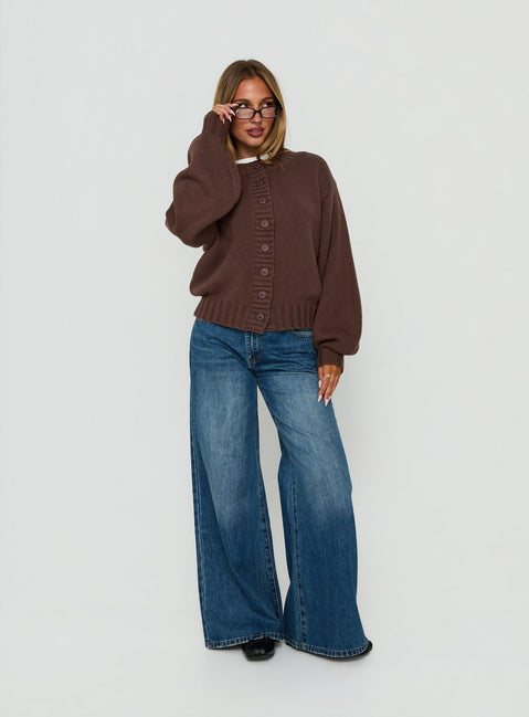 Capture the Edern Cardigan Chocolate womens-jumpers in short length detail view of model wearing Princess Polly