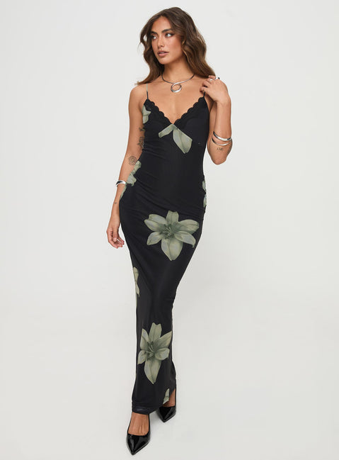 front view of model wearing Princess Polly Stardrop Maxi Dress Black Floral V-Neck 