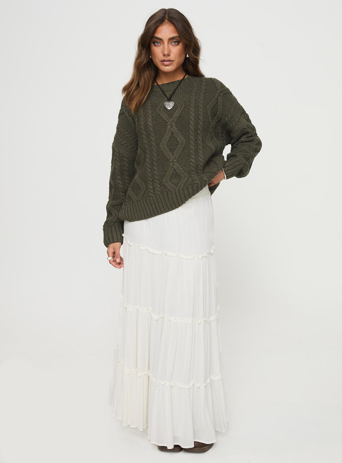 front view of model wearing Princess Polly Anaya Oversized Sweater Olive Longline Jumpers Jumpers 