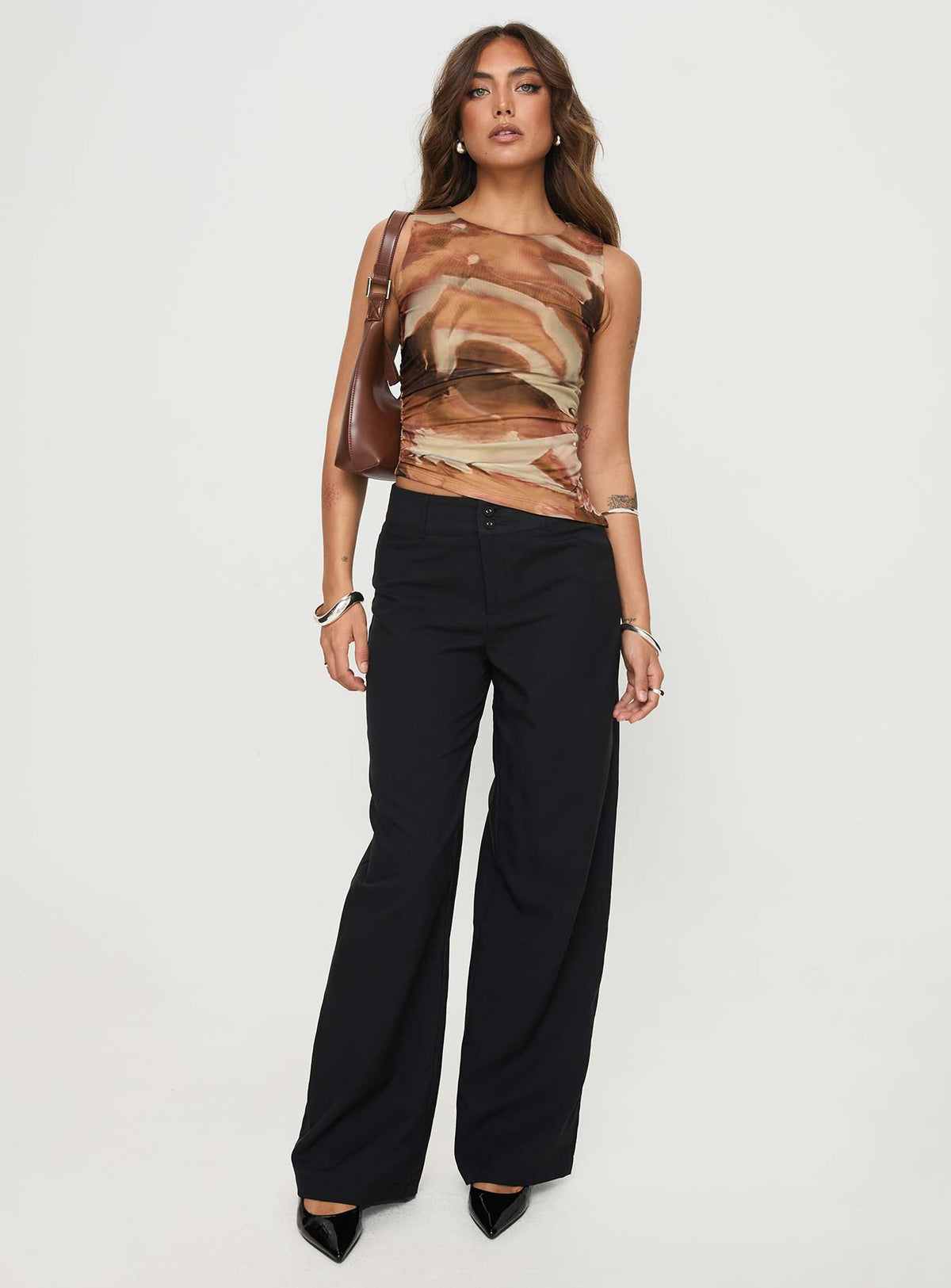 front view of model wearing Princess Polly Whity Top Multi Sleeveless Crew Neck 
