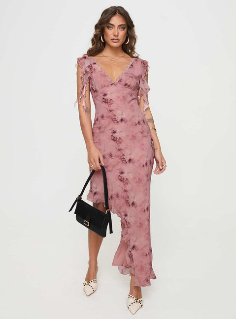front view of model wearing Princess Polly Vestige Midi Dress Pink Plunger 