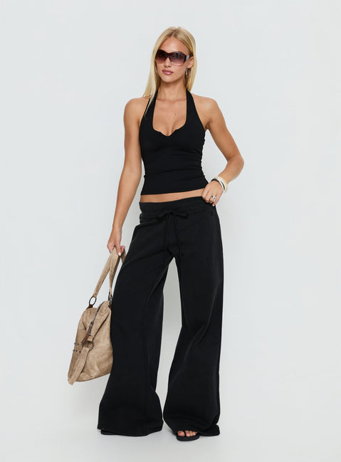 front view of model wearing Princess Polly Dodie Wide Leg Pants Washed Black Mid Rise Pants Pants 