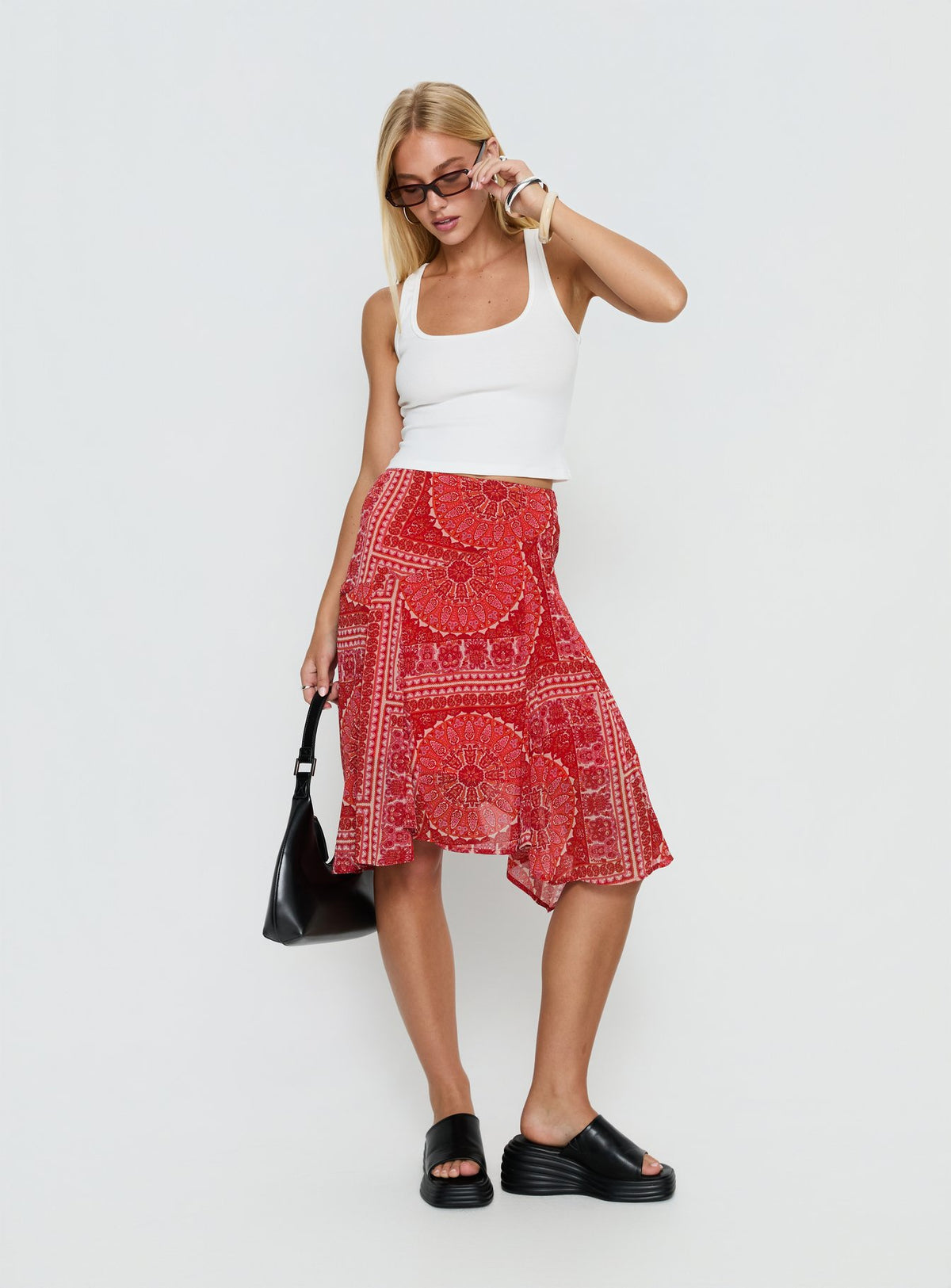   front view of model wearing Princess Polly Raenah Asymmetrical Midi Skirt Red Paisley Skirts 