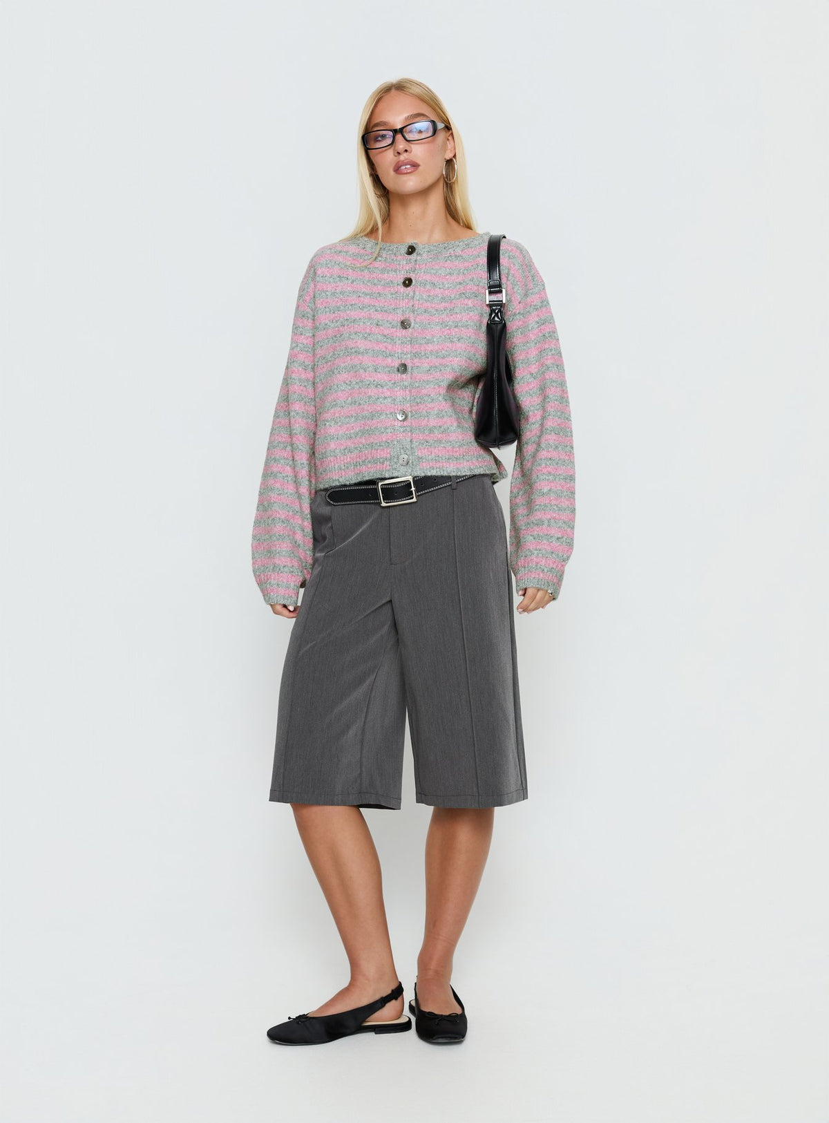 Styled in the Raynna Button Up Cardigan Pink / Grey Stripe womens-jumpers with short length on-body view of model wearing Princess Polly