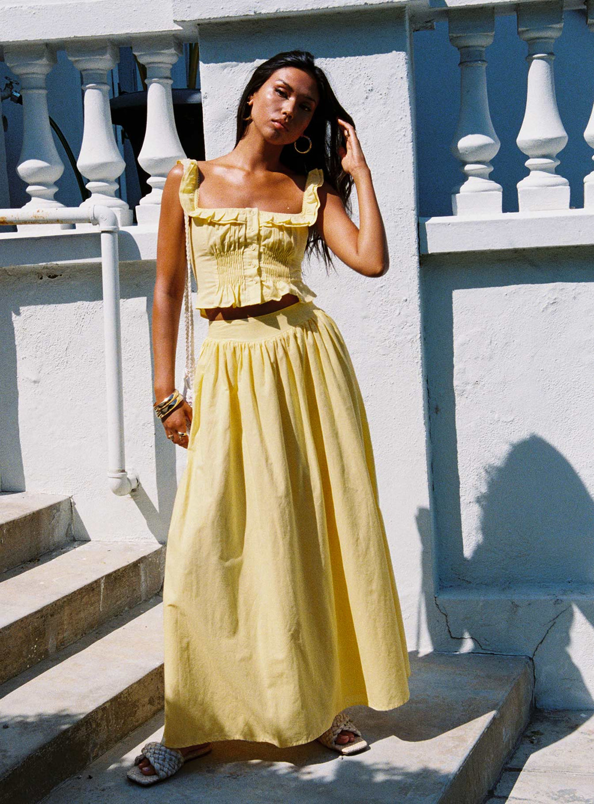 front view of model wearing Princess Polly Isadoria Frill Top Yellow Sleeveless Square Neck 